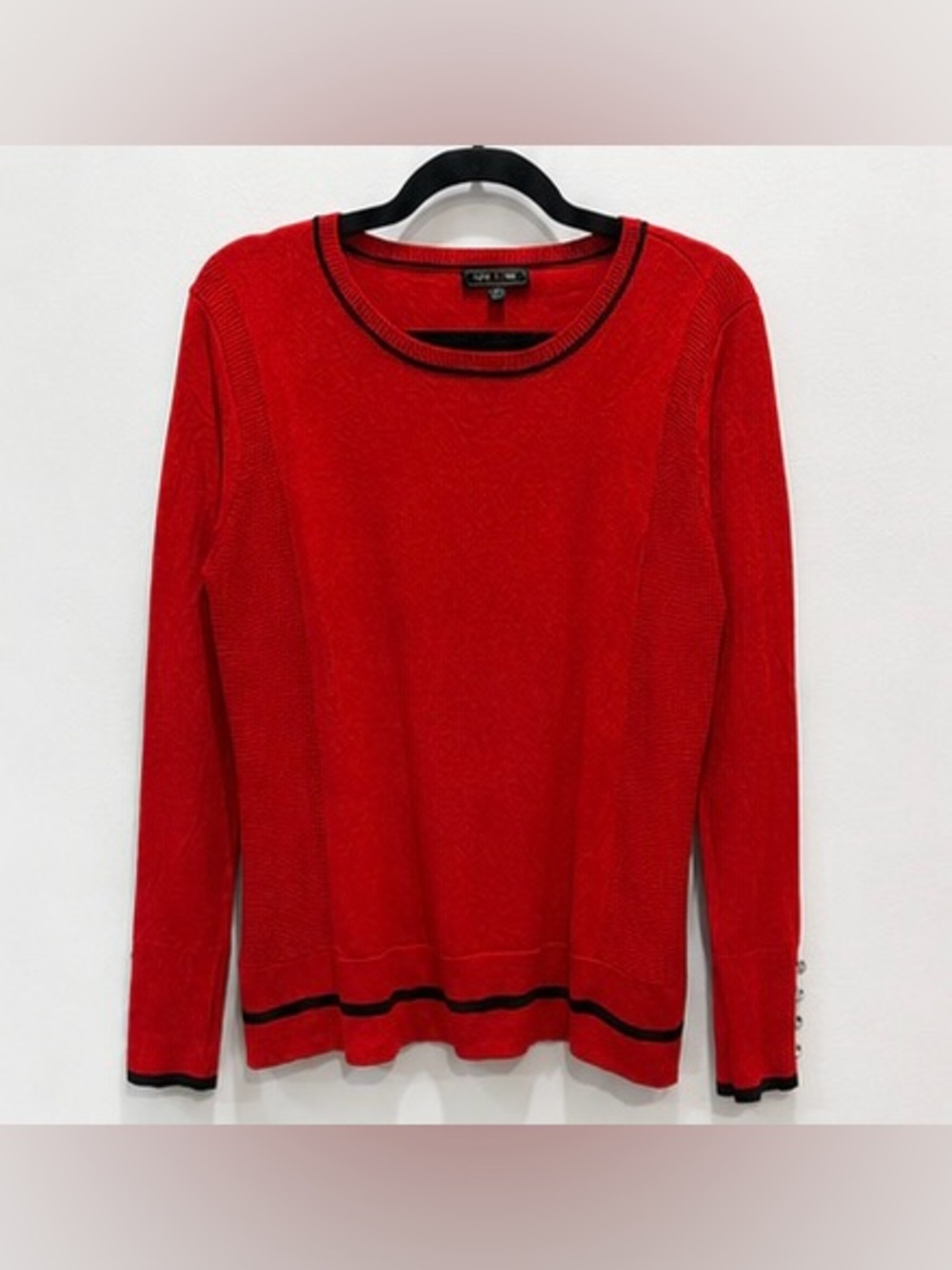 Lety & Me Red Knit Sweater Black Trim Button Sleeve Top NWOT Large